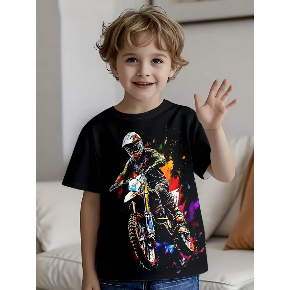 Funny Motorcycle Rider Print Kids Short Sleeves T-Shirt Loose Casual Summer Outdoor Street Boy and Girl Tees Tops