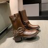 Модная женская обувь 2024 Высококачественная металлическая отделка Женские ботинки Модные заклепки Современные ботинки Женские Новые ботинки до середины икры на квадратном каблуке
