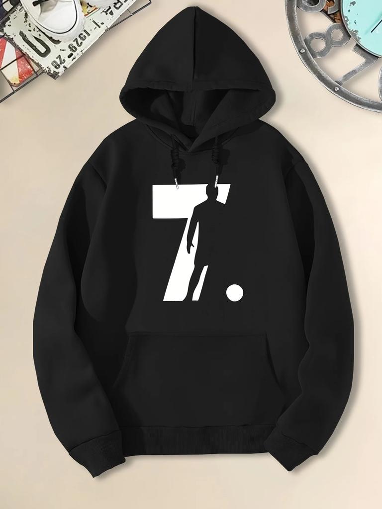 Autumn and Winter Men's Hoodie with Number 7 and Football Player Silhouette Print Men's Street Casual Sweatshirt Hooded Pullover