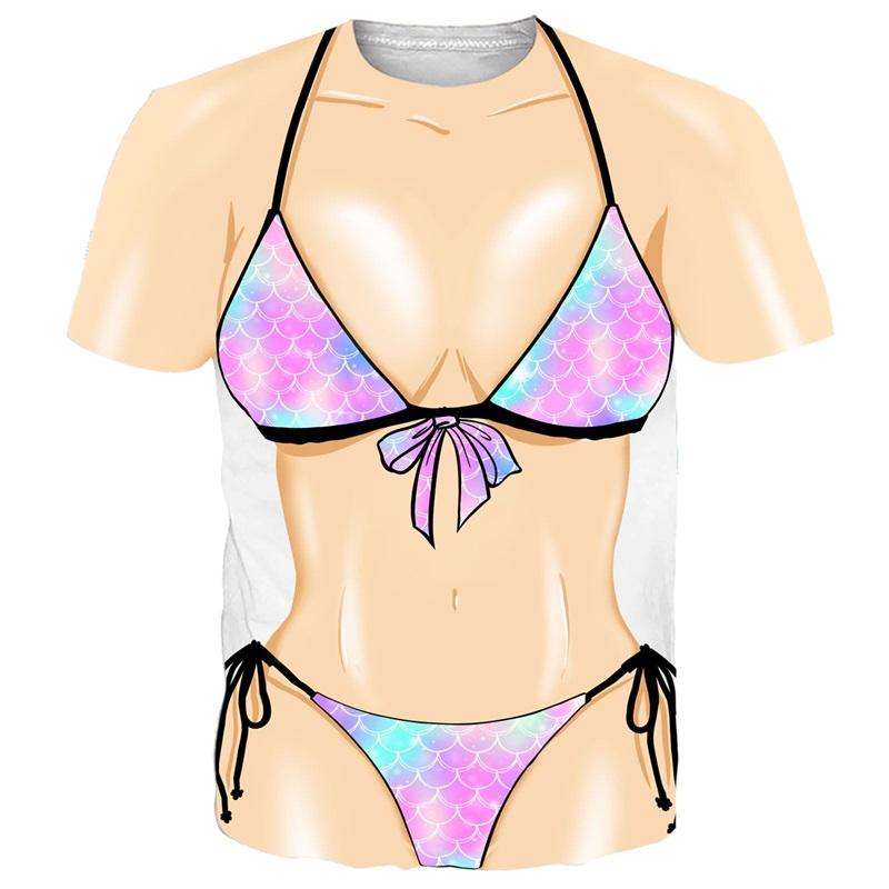 Женская футболка-бикини с принтом в 3D, мужская футболка свободного кроя с короткими рукавами, повседневная футболка с креативным принтом и круглым вырезом