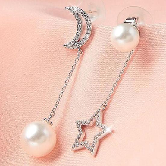Luxury Imitation Star Moon Asymmetry Long Earrings Elegant Lady Jewelry KTJ