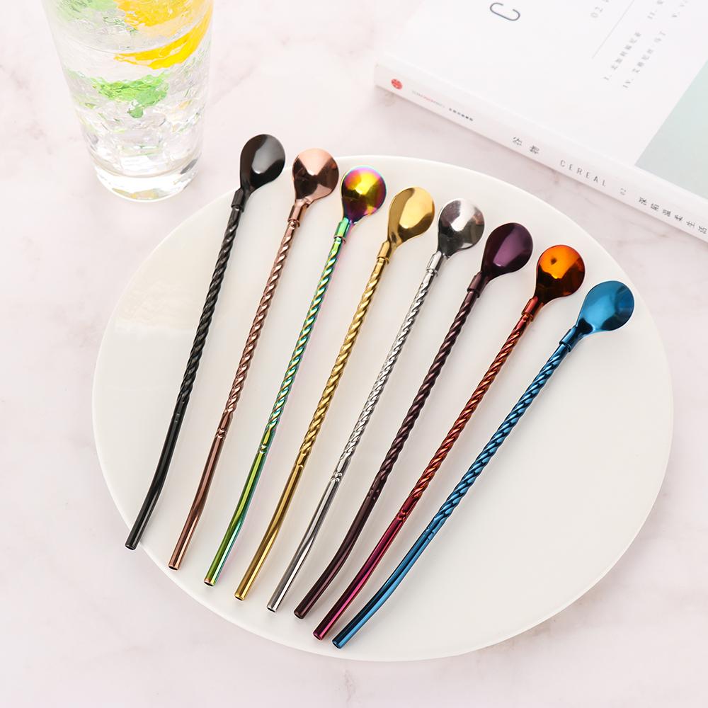 New Metal Bar Tea Bent Filter Coffee Spoons Drinking Straw Stainless Steel Straws Spoon