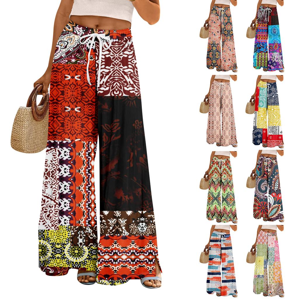 Women Summer Boho Palazzo Pants High Waist Wide Leg Rinting Casual Trousers With Pockets