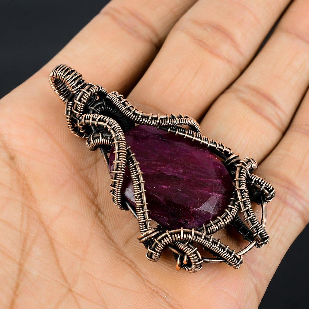 Рубиновый кулон Ювелирные изделия из драгоценных камней, Кулон ручной работы, обернутый медной проволокой 999 пробы, Ювелирные изделия новейшего дизайна