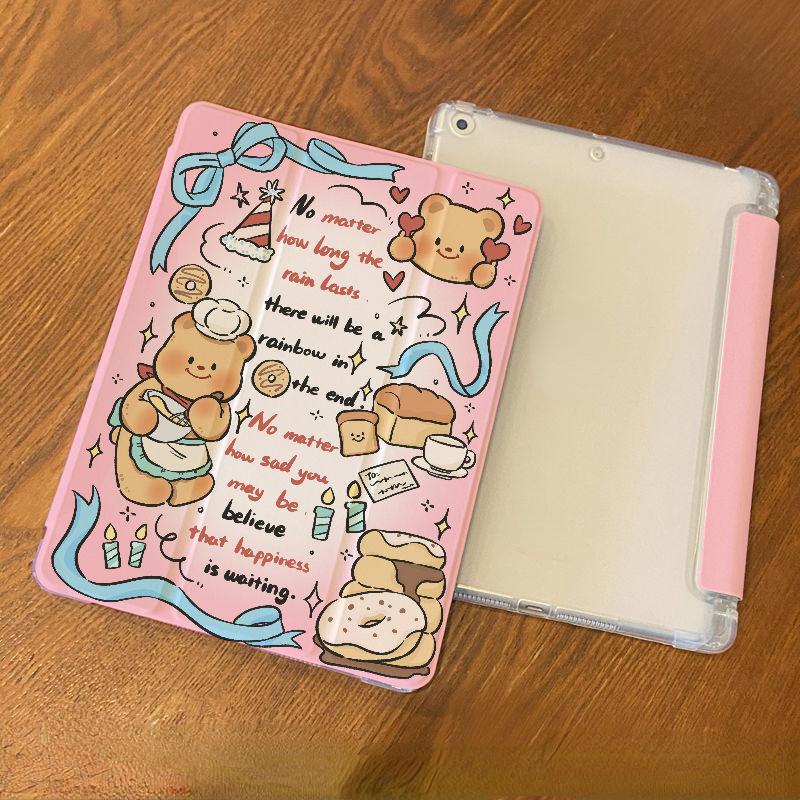 For iPad Air5 Case Cartoon Butter Bear Pattern iPad Smart Tri-Fold Case for iPad Air6 11 13 Pro2024 11 13 Pro2021 2018 12.9 with Pencil Holder
