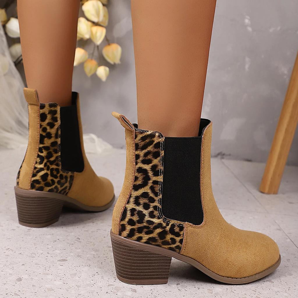 Fashion Leopard Print Chelsea Ankle Boots for Women Faux Suede Patchwork Chunky Heel Booties Woman Plus Size Fashion Short Botas Mujer