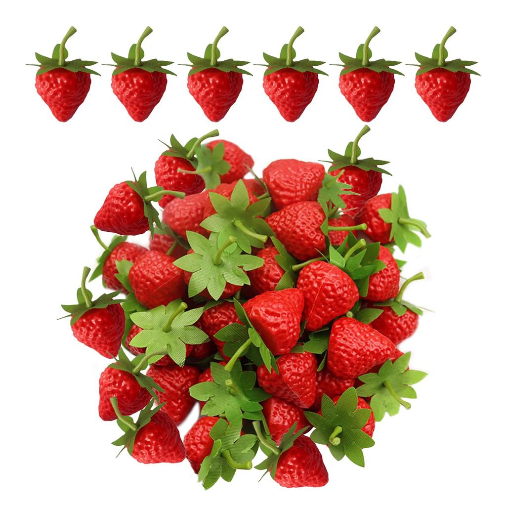 seimeinoki Fruit Set of Food Sample Strawberries with Lifelike Fake Fruit Cute Photography DIY Fruit Cake Vase Filler Models, 60, Stems, Decorations,