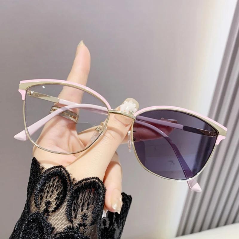 Personalized Cat Eye Photochromic Myopia Glasses Large Frame Color Changing Glasses Retro Anti Blue Light Near Sight Glasses