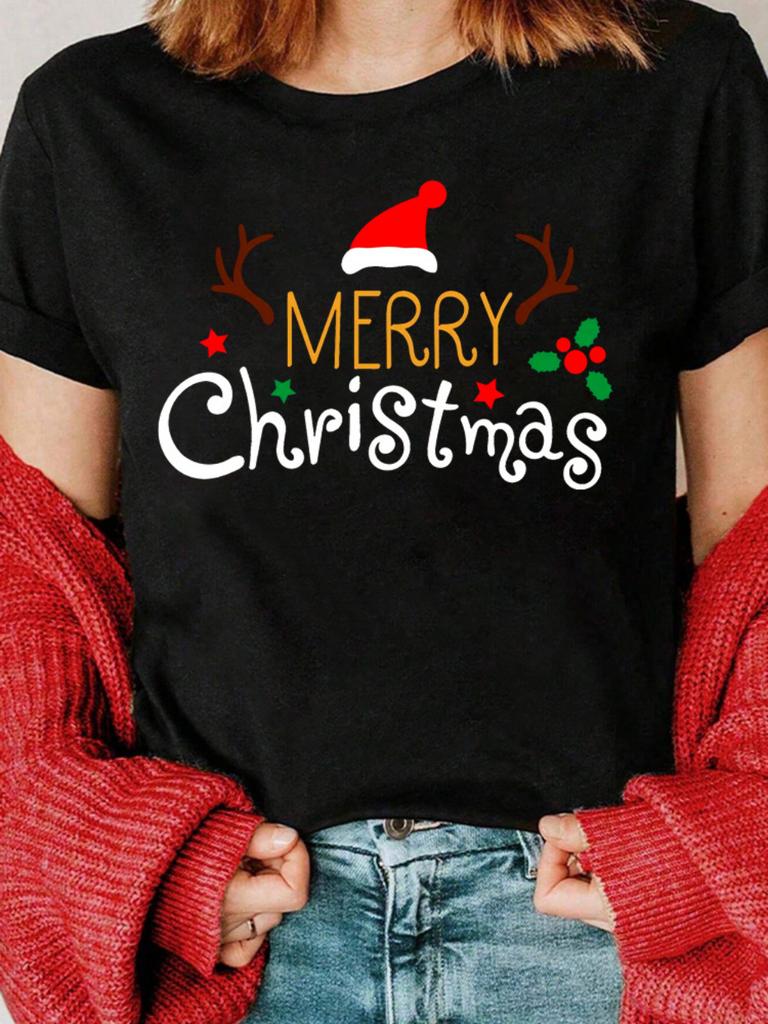Футболка с надписью Merry Christmas, Рождественская шапка, Футболка с рогами, Модная белая футболка, Одежда с принтом, Женские повседневные футболки с коротким рукавом и графическим рисунком