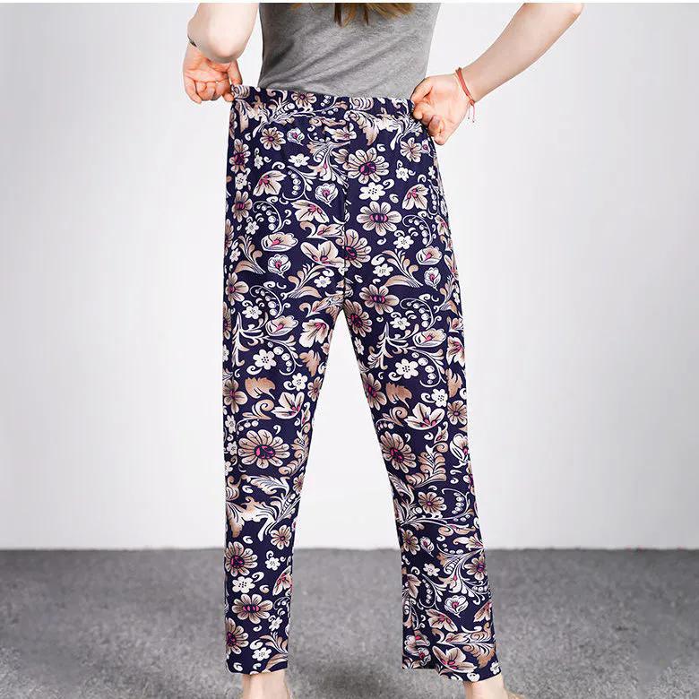 WTEMPO Женские весенне-летние эластичные тонкие брюки с высокой талией и принтом из ледяного шелка с широкими штанинами, свободные укороченные брюки для мамы