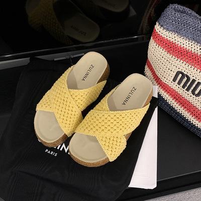 Версия с высотой 4 см~ Модные высококлассные шлепанцы на мягкой подошве в стиле ретро с перекрестными ремешками, женские летние уличные пляжные шлепанцы