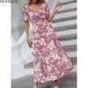 MODIQUE 2025 Summer Plus Size New Women's Loose Casual Mesh Printing Waist Flowing Ruffle Puffy Sleeves Long Dress Ladies Hot V-Neck Dress