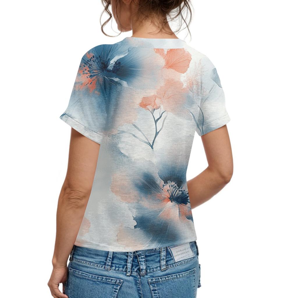 Женская мода с короткими рукавами и V-образным вырезом, повседневная футболка с пуговицами