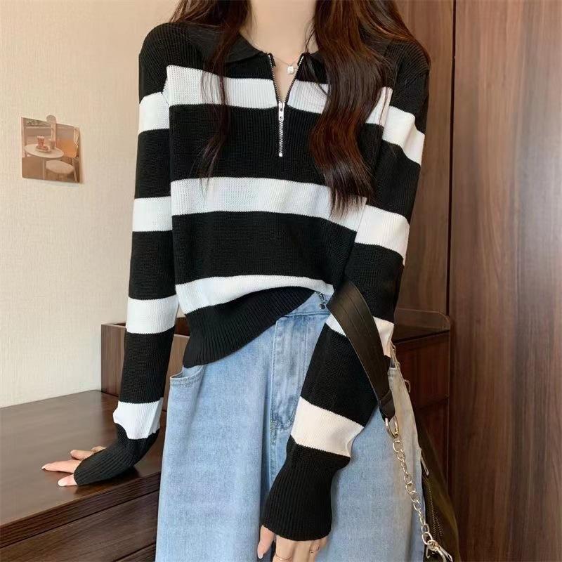Collar Zipper Striped Long Sleeved Short Knit Sweater for Women In Autumn and Winter Wearing A Base Coat and A Top Sweater for Women