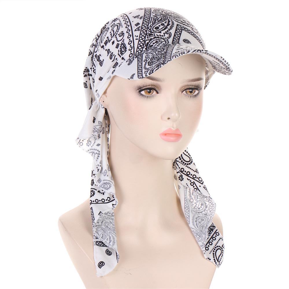2025 Print Pre-Tied Hat Women Muslim Long Tail Headscarf Hijab Turban Visor Chemo Cap Bonnet Hair Loss Head Wrap Turbante Mujer