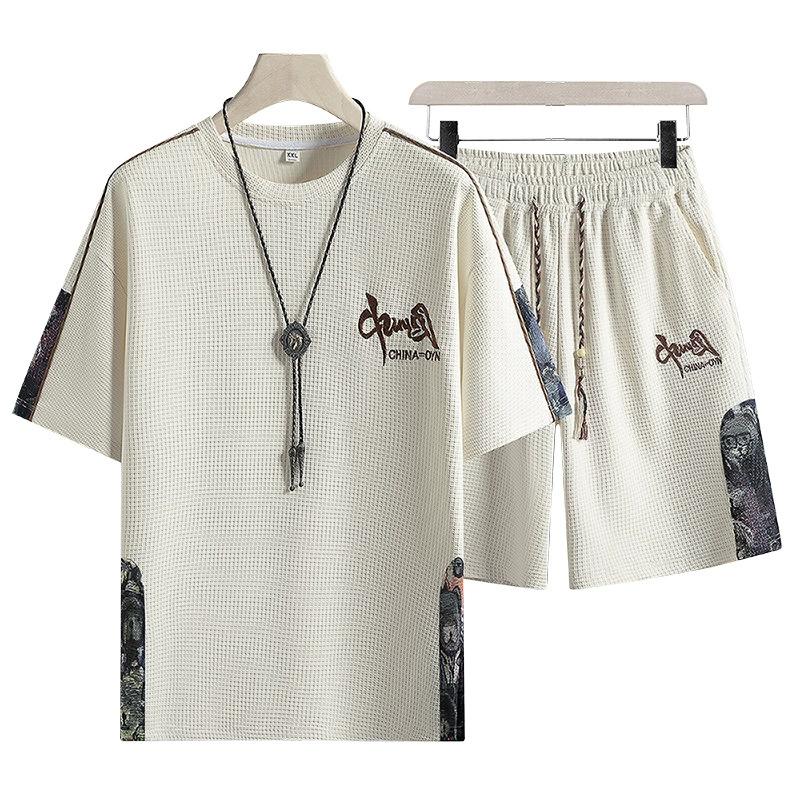 Summer Men's Casual Sports T-shirt Shorts Five Quarter Pants Set Chinese Style Embroidery Plus Size