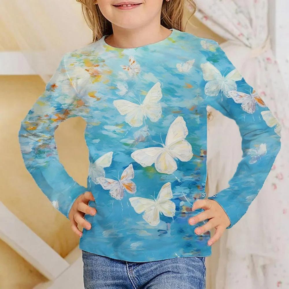 Children's Colorful Butterfly 3D Digital Printed Girl's Casual and Comfortable Round Neck Long Sleeve T-shirt