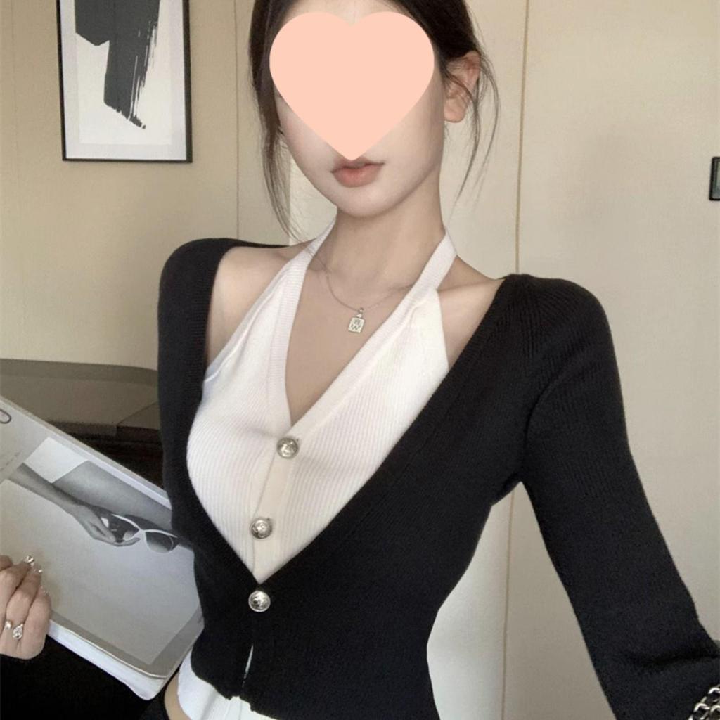 Кардиган вязаный пэчворк с V-образным вырезом - Женский свитер облегающего кроя для начала осени