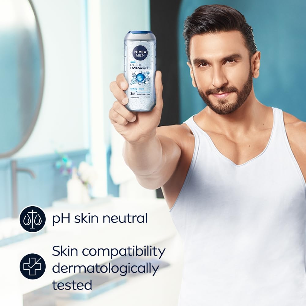 Nivea Мужской гель для душа Pure Impact 500 мл 3-в-1 для тела, лица и волос со свежим ароматом и увлажняющим очищением