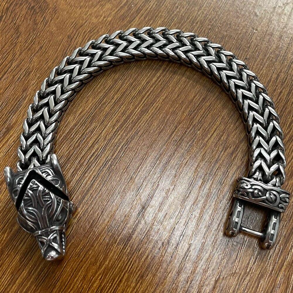 Nordic Viking Bracelet for Men Vintage Wolf Head Scandinavian Bracelet Men's 12MM Width S.Steel Square Franco Link Curb Chain