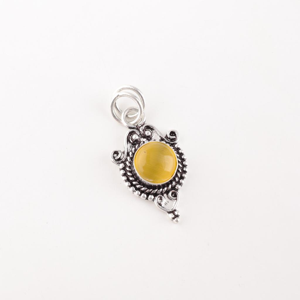 Natural Yellow Cat's Eye Gemstone 925 Sterling Silver Jewelry Handmade Pendant PP-39-48