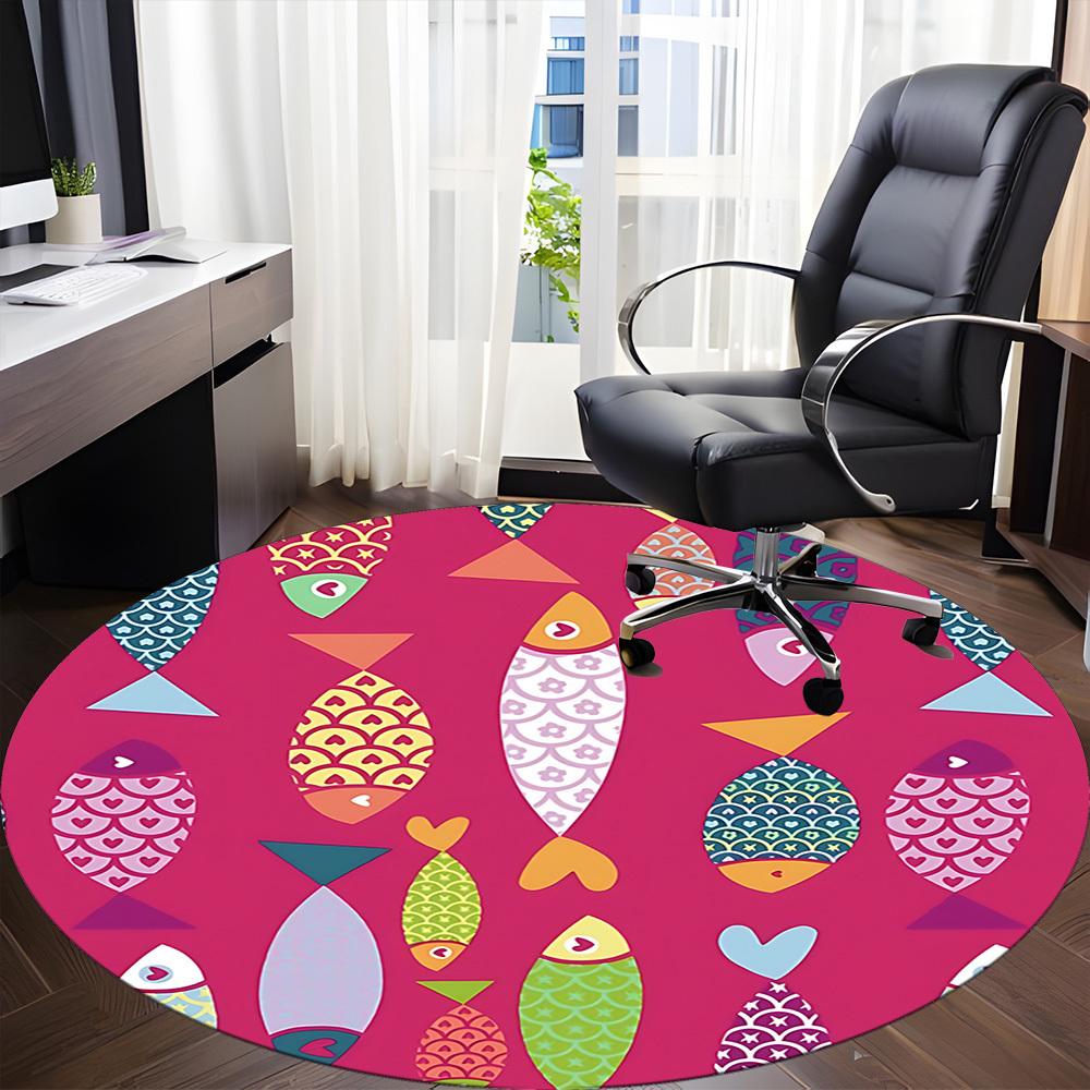 1pc Fishes Pattern Office Round Area Rug, Indoor Mat Suitable For Office, Under Office Chairs Bedroom Living Room Home Decor, Room Deco 045