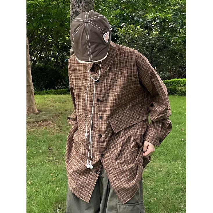 Рубашка в японском стиле в стиле ретро с большим карманом, с длинными рукавами, для мужчин и женщин, винтажная, с несколькими карманами, контрастного цвета, для пары, рубашка, пальто