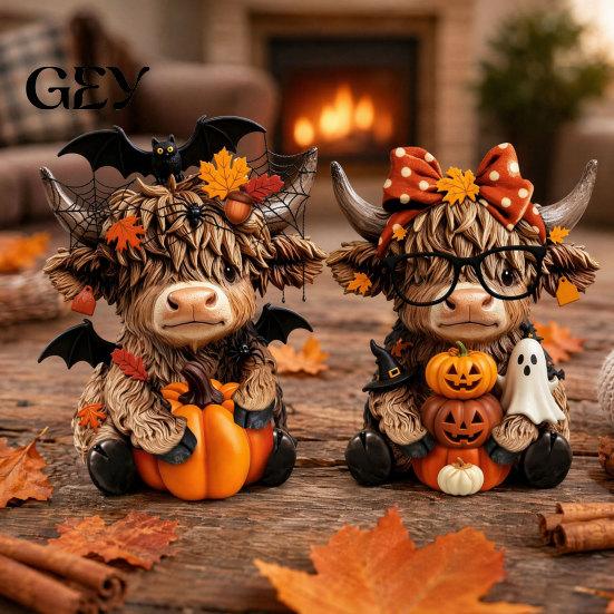 Thanksgiving Theme Ornament 2PCS Highland Cow Ornament, Wooden Rustic Style Figurine, Polished Wood Art Art, for Entrance Living Room Decor Figurine