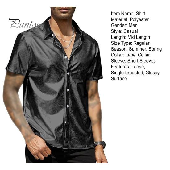 Мужская летняя рубашка с глянцевой поверхностью, отложным воротником, однобортный кардиган, свободная рубашка для вечеринок, повседневная одежда средней длины, топ