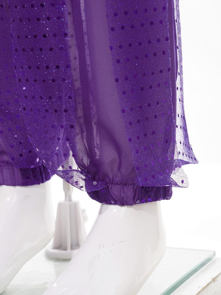 Girls Elegant Belly Dance Pants Sequin Embellished Chiffon Fabric Elastic Waist Beaded Tassels Performance Wear