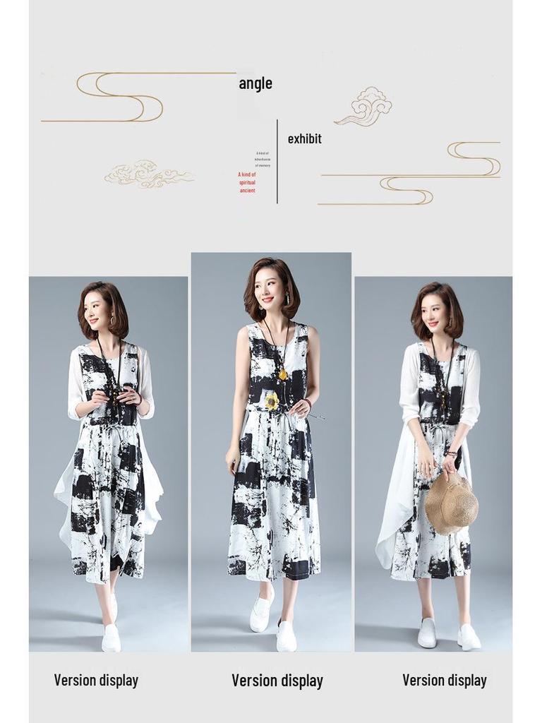 Женский летний костюм-двойка из хлопка и льна с шалью с принтом тушью, 2025