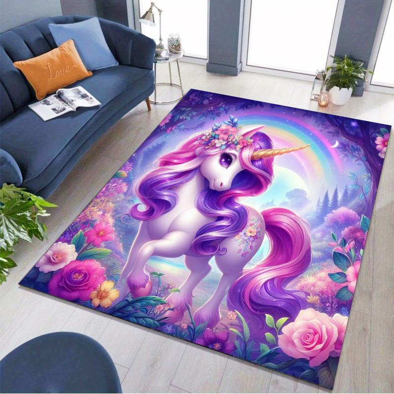 Rainbow Unicorn Floral Print Non‑Slip Rug, Fantasy Art Decor Carpet for Living Room Bedroom Home Decoration