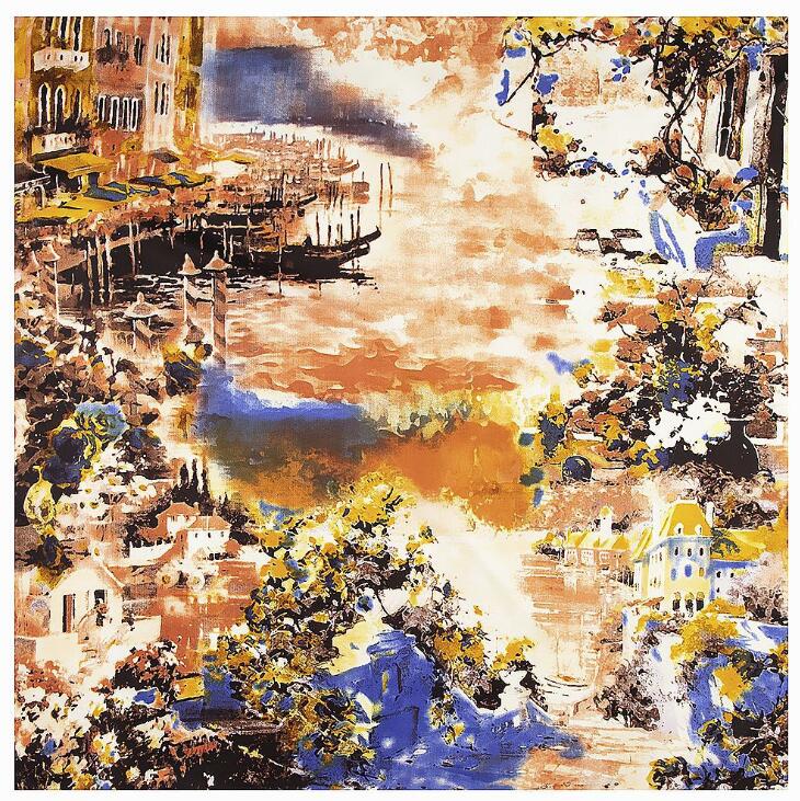 New Luxury Brand Silk Scarf Women Countryside House Oil Painting Print Hijab Scarves Female 130cm Square Shawl Scarves
