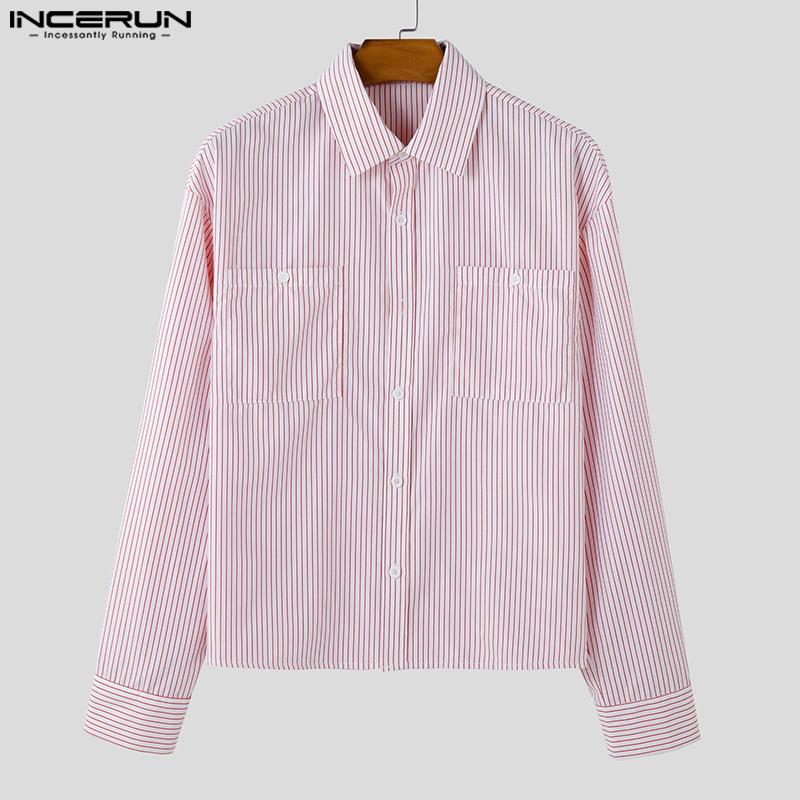 INCERUN Spring Men Lapel Long Sleeve Striped Shirts Casual Baggy Tops
