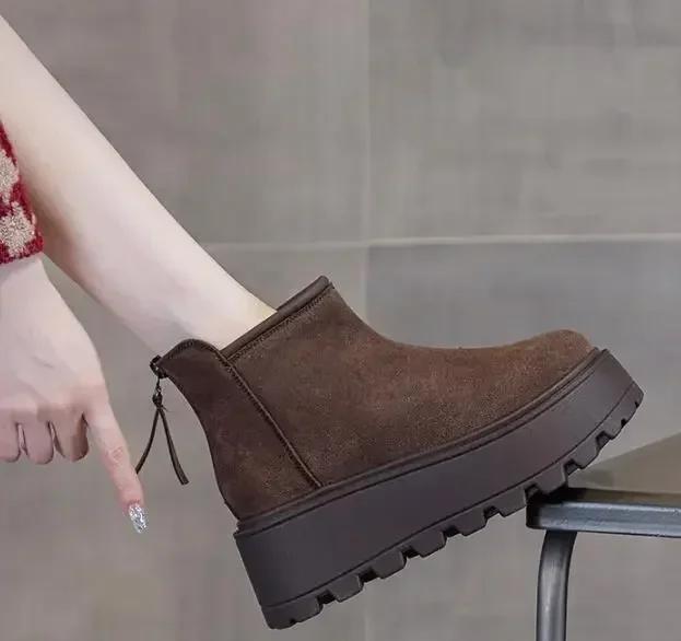 Мода 8,5 см Замша Коровья Натуральная Кожа Модные Женские Ботильоны на Щиколотке Платформа Клиновидный Каблук Зима Плюш 2025 Осень Ботинки Весенняя Обувь Труба