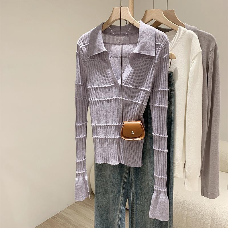 Нишевая вязаная рубашка с длинным рукавом с чувством дизайна женская осенняя облегающая и тонкая ло-рубашка уникальный популярный топ