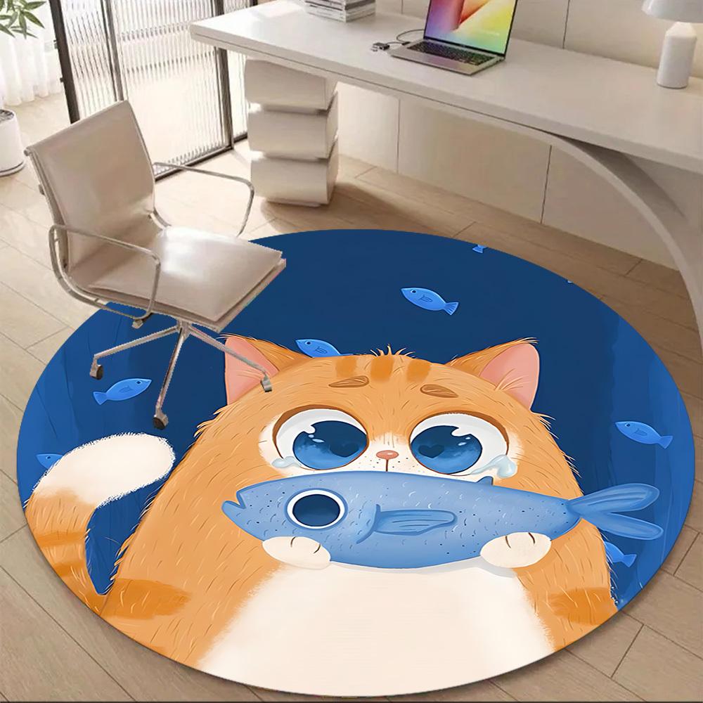 1 шт. Круглый ковер для офиса с рисунком рыбы-кошки, Коврик подходит для офиса, Под офисные стулья, Спальни, Гостиной, Домашнего декора, Декора комнаты