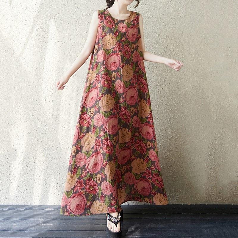 Новое хлопковое винтажное платье с цветочным принтом без рукавов больших размеров для женщин, повседневное свободное длинное летнее платье