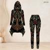 Women Plus Size Black Gold Green Printed Hooded Long Sleeve High Low Top And Fitted Pants Two Piece Set