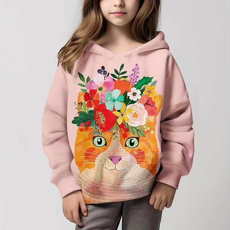 Толстовка с капюшоном для девочек с рисунком кота из мультфильма, детская одежда для девочек от 1 до 12 лет, удобная толстовка с длинным рукавом, детская одежда