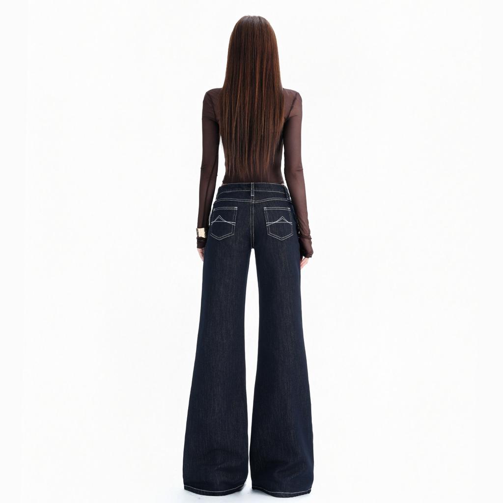 Denim blue low-rise slightly pulled jeans women's autumn new models do not stick to the legs loose and thin wide-leg flared pants