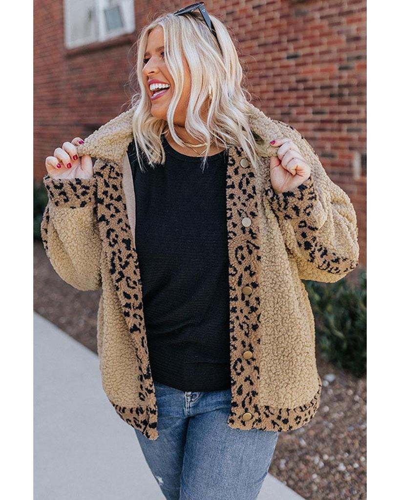 Azura Exchange Khaki Plus Size Leopard Trim Button Up Sherpa Jacket