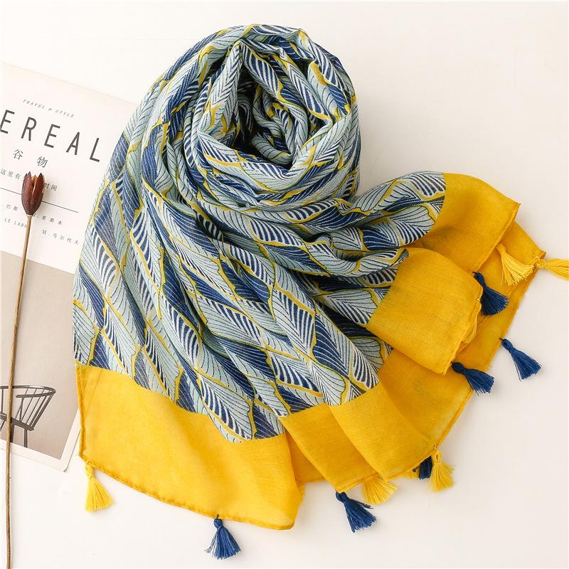 Маленький свежий шарф из хлопка и льна в японском стиле Four Seasons, шелковый шарф, зашифрованная балийская марля, дорожная шаль с синими листьями