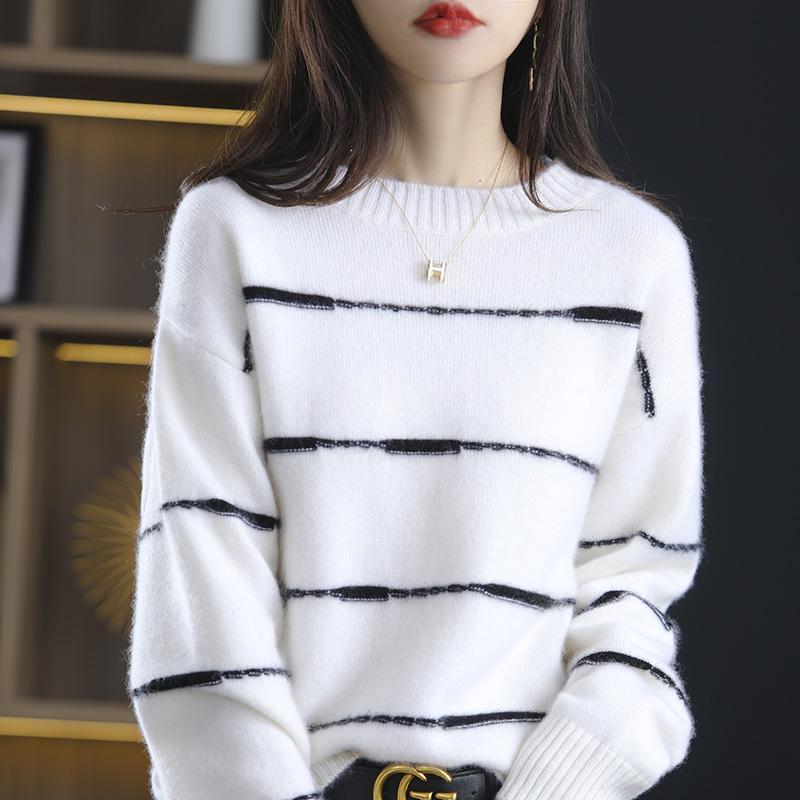 Полосатый свитер с круглым вырезом для женщин, осень и зима, новый свободный темперамент, универсальный базовый трикотажный свитер
