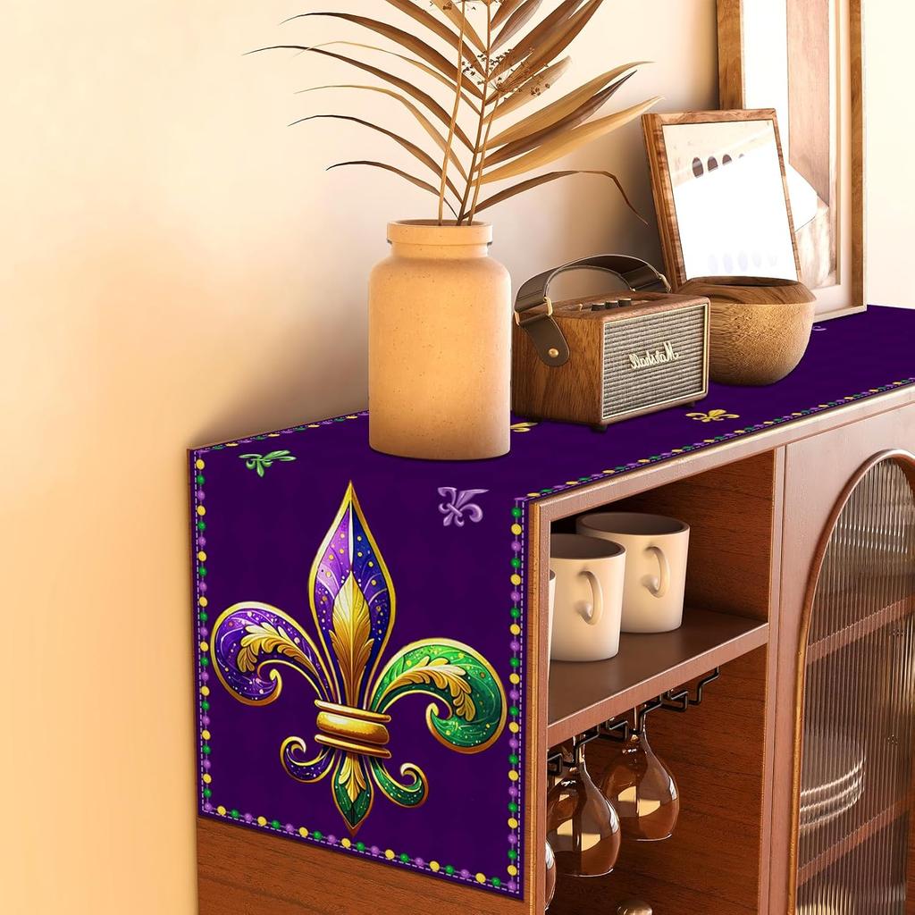 Mardi Gras Table Runner Purple Iris Fleur De Lis Tablecloth Fat Tuesday Brazil Carnival Masquerade Party Birthday Decorations and Supplies for Home