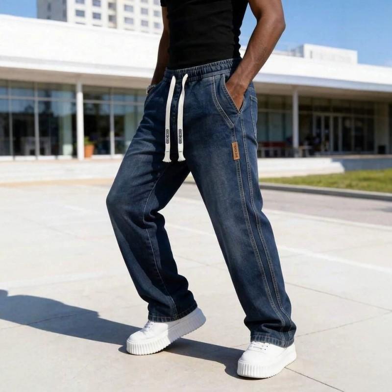 2026 Mens Relaxed Fit Wide Leg Drawstring Jeans Casual Straight Cut Denim Pants Teens Adults
