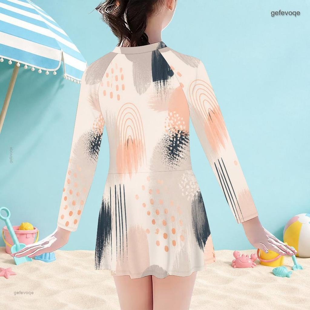 Girls High Neck Long Sleeve One Piece Printed Swimsuit Front Zip Skirt Hem Beachwear