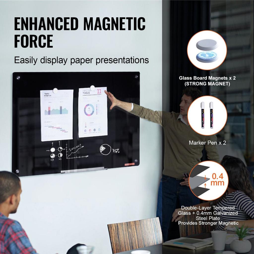Magnetic Glass Whiteboard, Dry Erase Board 36"x24", Wall-Mounted Large White Glassboard Frameless, with Marker Tray, an Eraser and 2 Markers, Black