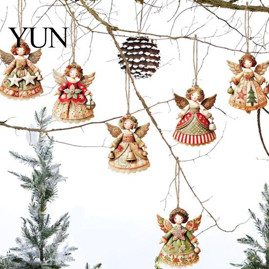 Lightweight Xmas Tree Hanging 6Pcs Vintage Angel Wooden Ornaments, Christmas Decor Set Decorations with Jute String, Rustic Pendant for Home