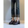 Cowhide Version~ High-heeled Loafers Retro Camellia Round Head Thick Sole One-pedal Small Leather Shoes Commuting Thick Heels Single Shoes